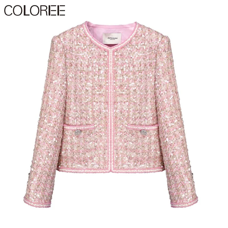 

Luxury Sequins Beading Jacket for Women Korean Elegant O-neck Pink Woven Wool & Blends Coats Brand Designer Winter Clothes 2023