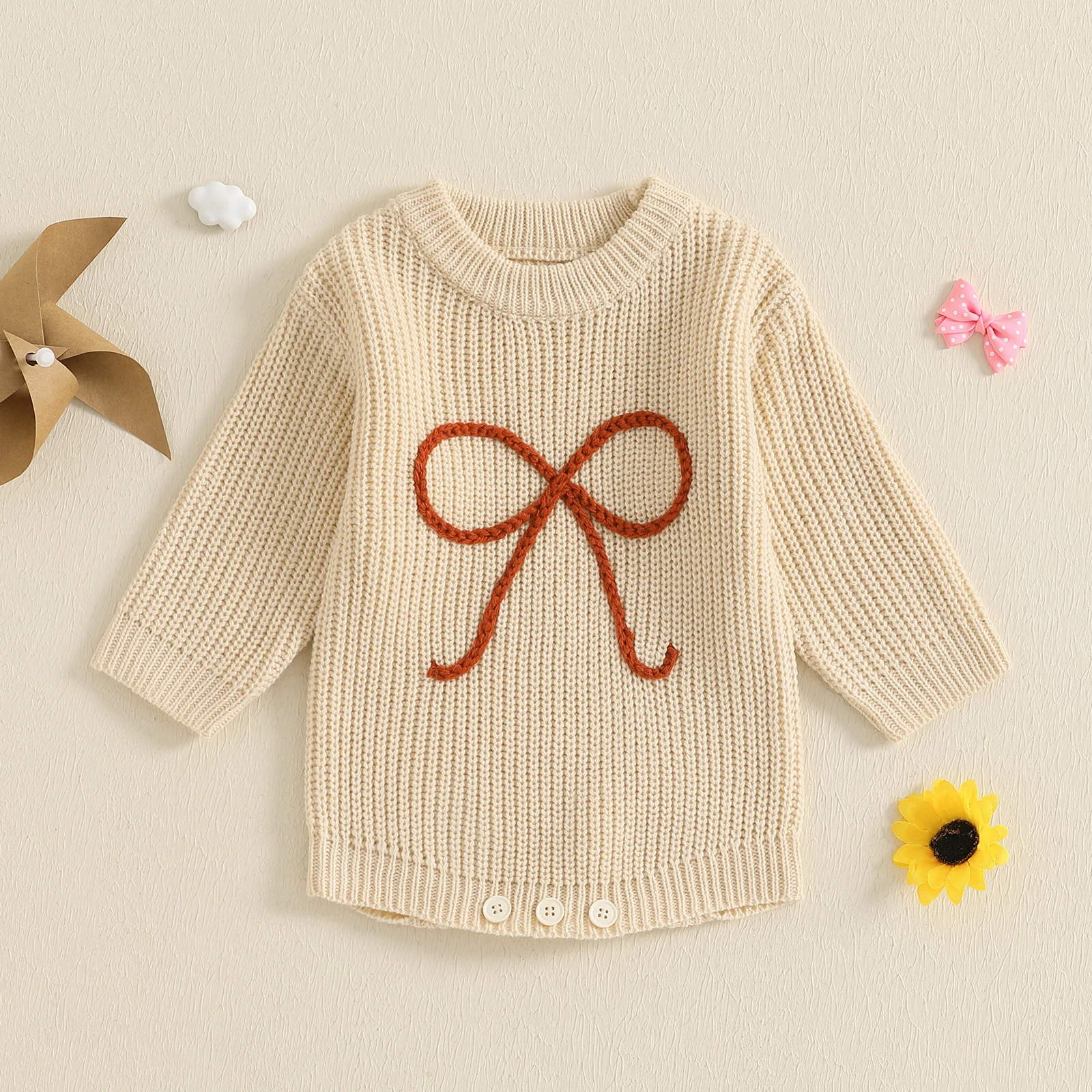 MISOWMNJOY Winter Warm Baby Girls Boys Knitting Sweater Rompers New Bow Embroidered Long Sleeve Newborn Kids Knitwear Bodysuits