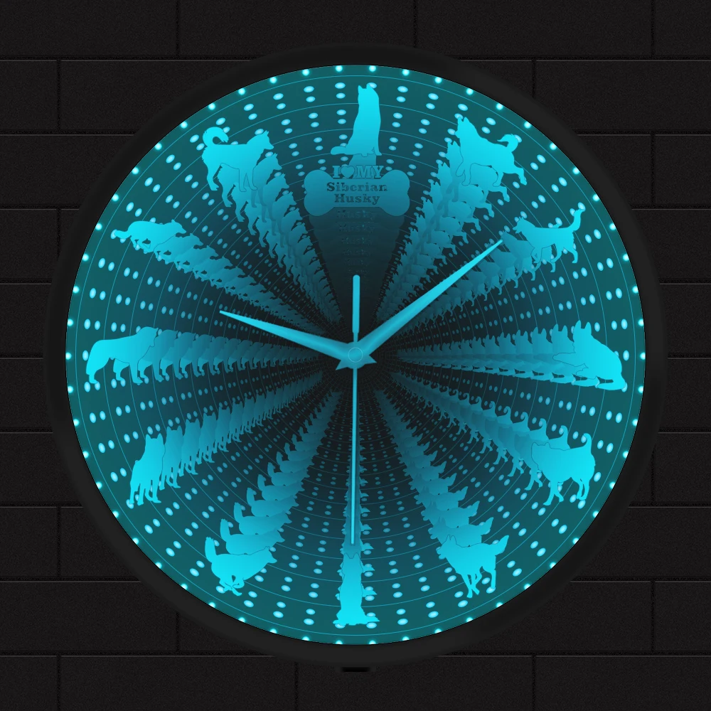 

Сибирский хаски знак бесконечности, зеркальный туннельный светильник, настенные часы с изображением собаки из России, Сибирский хаски, потрясающие светящиеся часы с оптической иллюзией