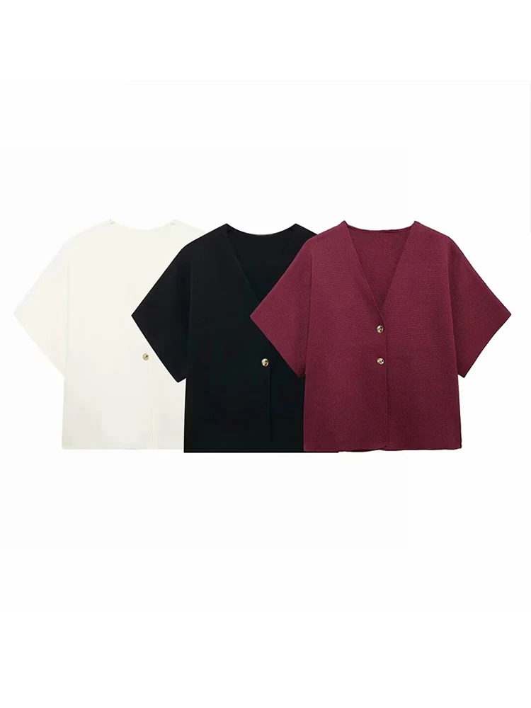 Casual Solid Knit Top Women Short Sleeve V-neck Two Buttons Slim Elegant Vest 2024 Summer Autumn Female White All-match Knitwear 4