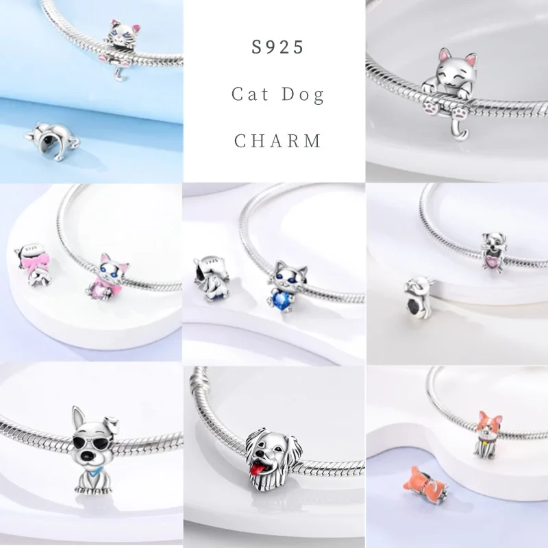 Pink Cat Paw Charms 925 Original Silver Blue Zircon Animal Black Cat Lovely Dog Charm DIY Fit Bracelet For Women Jewelry Gift 3