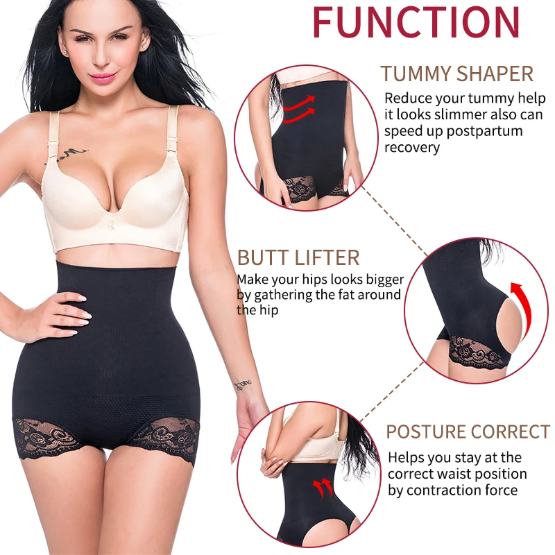 High Waist Tummy Control Panties Women Shapewear Lace Trim Hollow Cut Butt  Lifter Body Shaper Sculpting Briefs Underwear Nude