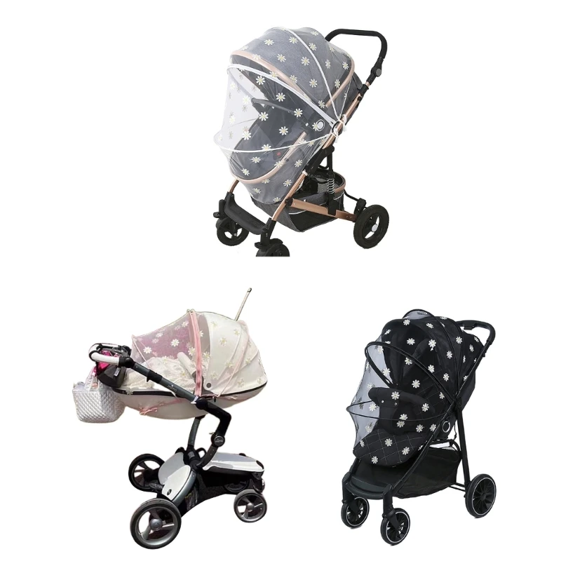 

Portable Insect Sleeve for Travel Baby Strollers Net Full Cover Flower Embroidery Sunshades for Strollers Bassinet