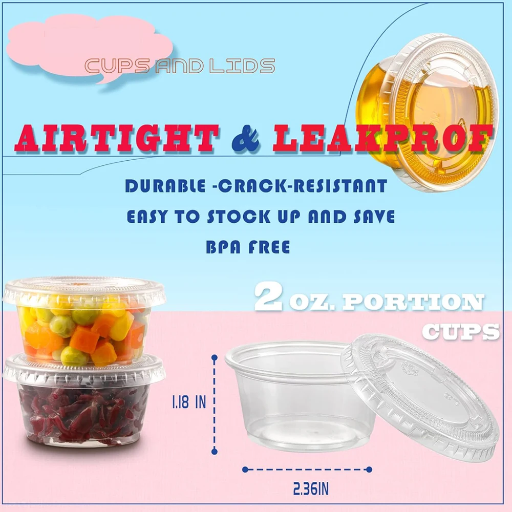 2OZ Jello Shot Cups, Small Plastic Containers with Lids, Airtight and Stackable Portion Cups, Salad Dressing Dipping Sauce Cups