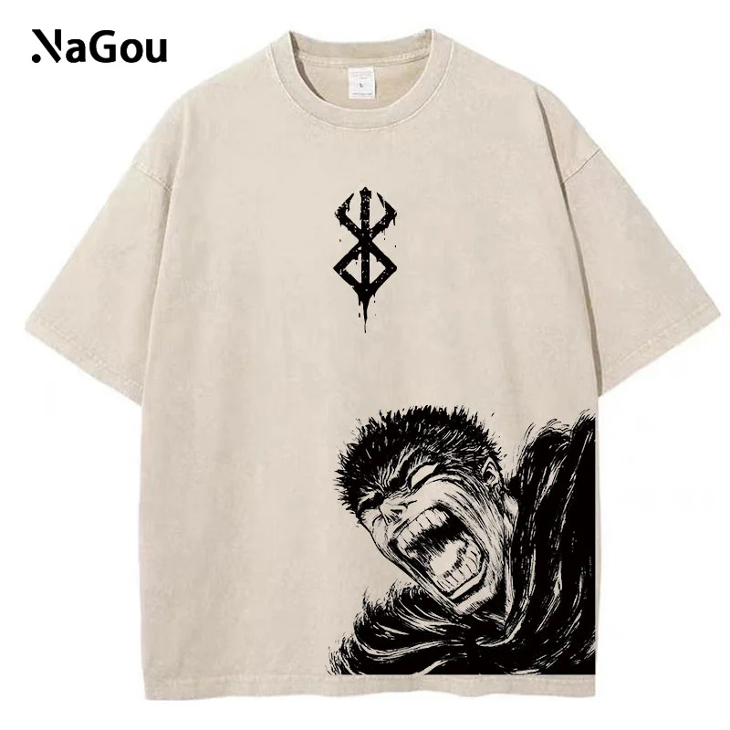 

Berserk Washed T Shirts Men Manga Print Guts Vintage Cotton Short Sleeve Shirt Summer Hip Hop Gothic Tshirt Unisex High Street