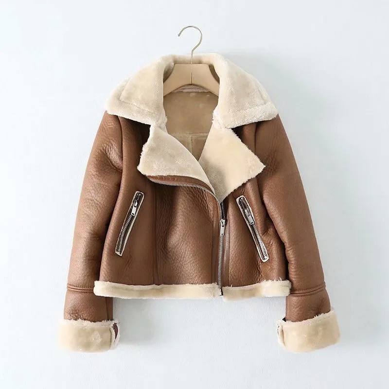 

Autumn and Winter New Motorcycle Wear Casual Suede Collar Slim Fit Thickened Short Women's Jacket Leather Coat