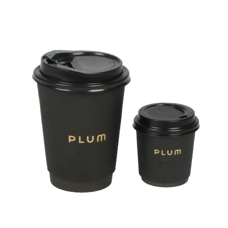 

Customized product4oz 8oz 12oz disposable double wall gold foil stamping custom logo All Black hot coffee paper cup with PS lid