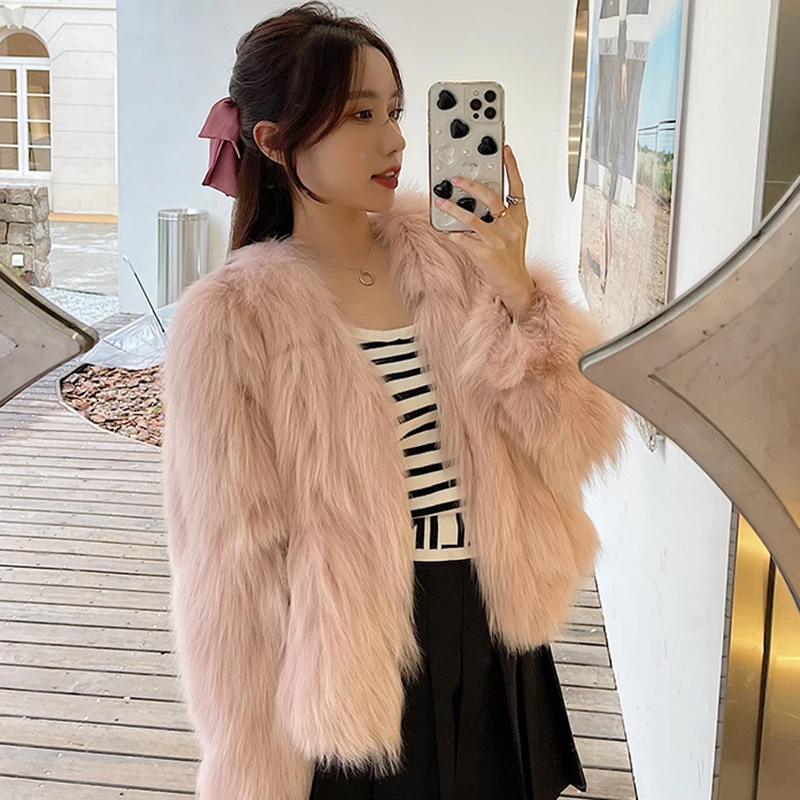 Korean Faux Fox Fur Coat Women Autumn Winter V-Neck Short Jacket All-Match Warm Long Sleeve Luxury Outwear Loose Shaggy Overcoat