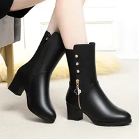 Winter Padded Cotton Shoes Women Plush Soft Leather Long Boot Warm High-heel Fur High Knee Riding Mid-heel Boots Comfortable - Image 4