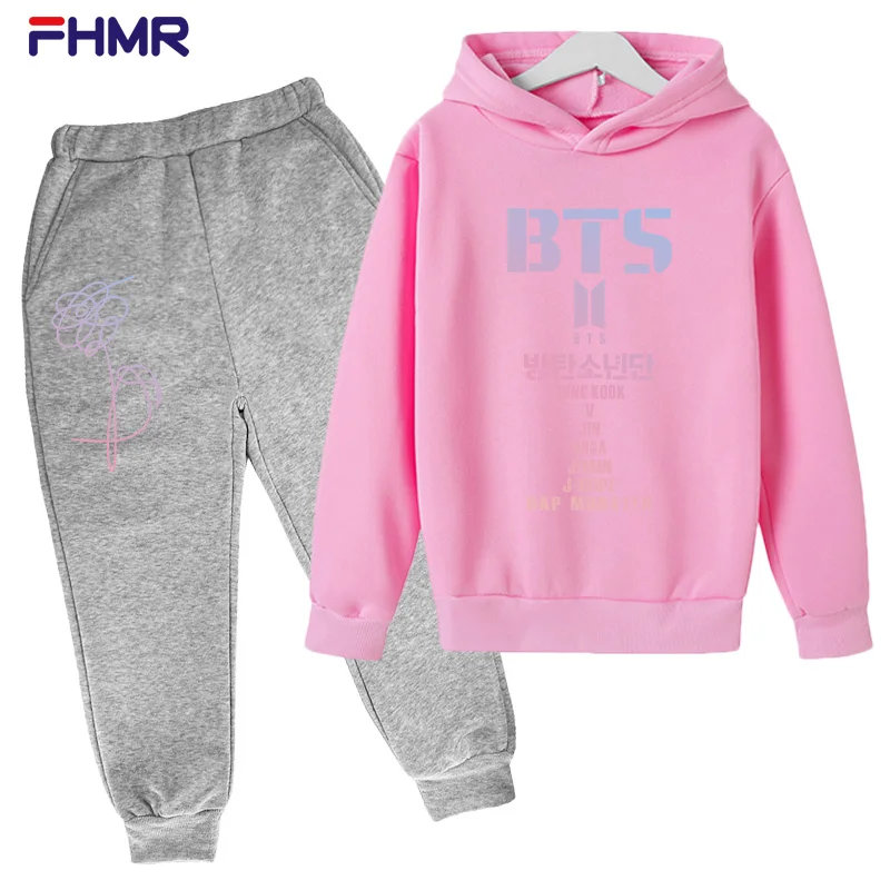 Clothing Sets cheap autumn New Korean Pop Band Print Children's Hooded Suit Boys And Girls Sports Hoodies + Pants Fashion 2-piece Kids Clothing 14y Clothing Sets cheap