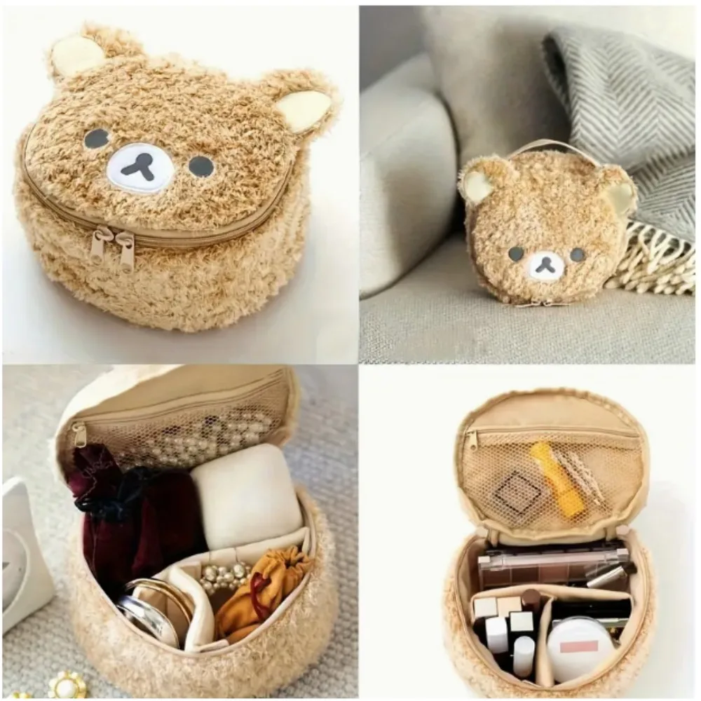 Plush Bear Makeup Bag Portable Cosmetic Organizer with 3D Embroidery Mesh Compartments Travel Toiletry Storage for Women