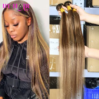 Highlight Straight Bundles Human Hair For Women Brown Blonde Hair Bundles Deal Colored Human Hair Weave Bundles Extensions P4/27 1