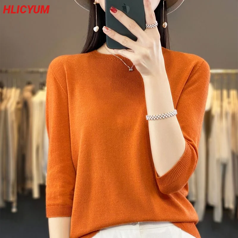 

Women's T-shirt Summer New Sweater Half Sleeves Casual Knitwear Round Neck Ladies Tops Blouse Overside Pullover Tees