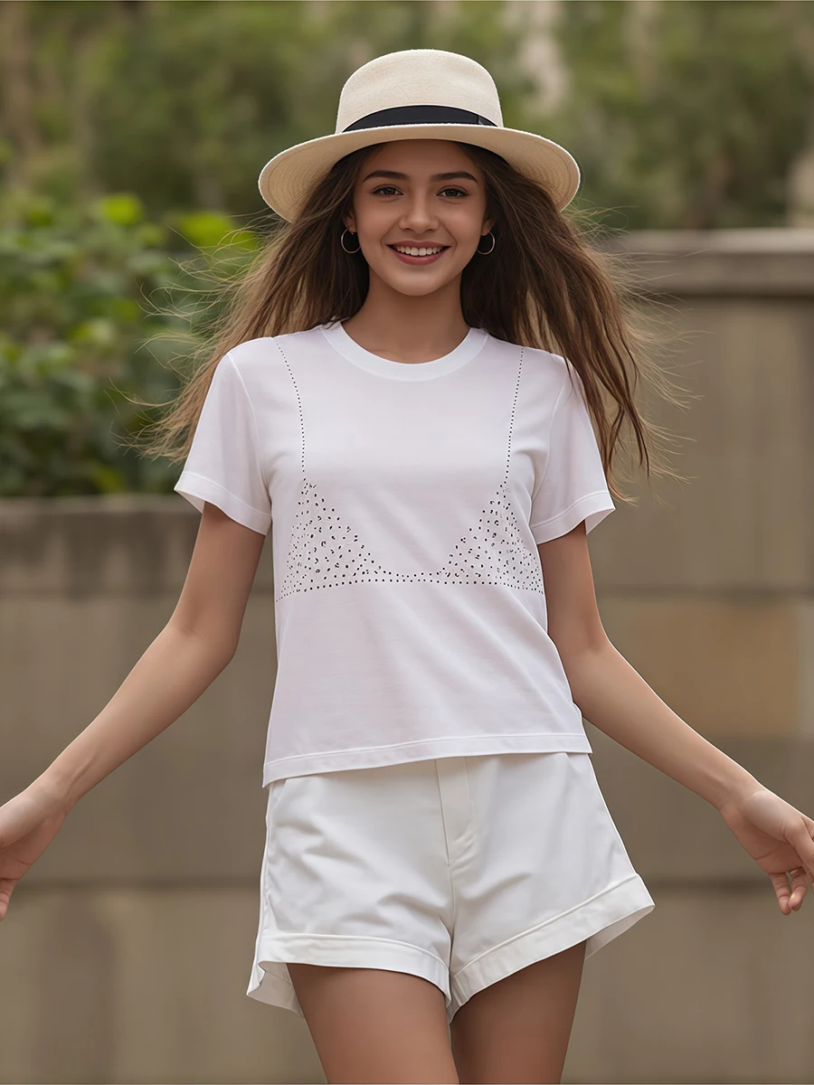 Women s Casual Summer Short Sleeve Round Neck T-Shirt with Sparkling Rhinestone Bra Design and Loose Fit