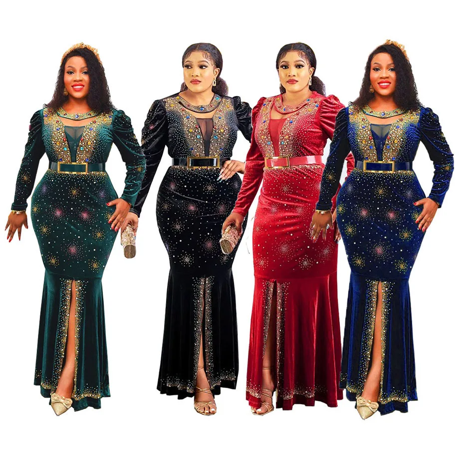 

Women Africa Dresses O Neck Vestidos Gorgeous Party Dress Ankle Length Diamonds Slim Kanga Sexy Wrap Buttocks Slight Strech