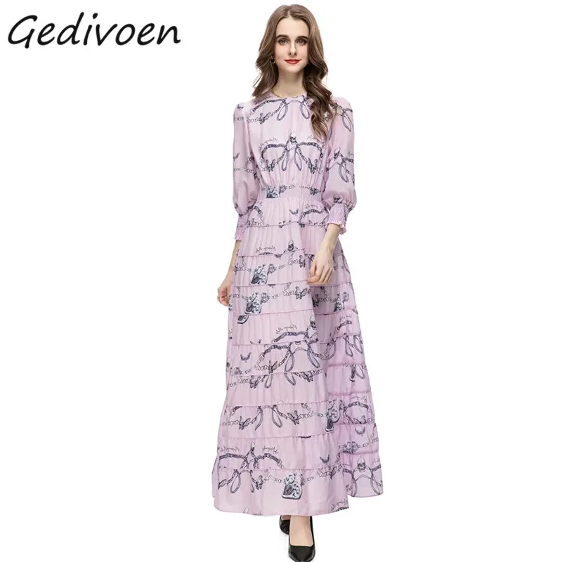 

Gedivoen Summer Fashion Designer Vintage Dress Women's O-Neck 3/4 Sleeve Sashes Gathered Waist Holiday Floral Print Long Dress
