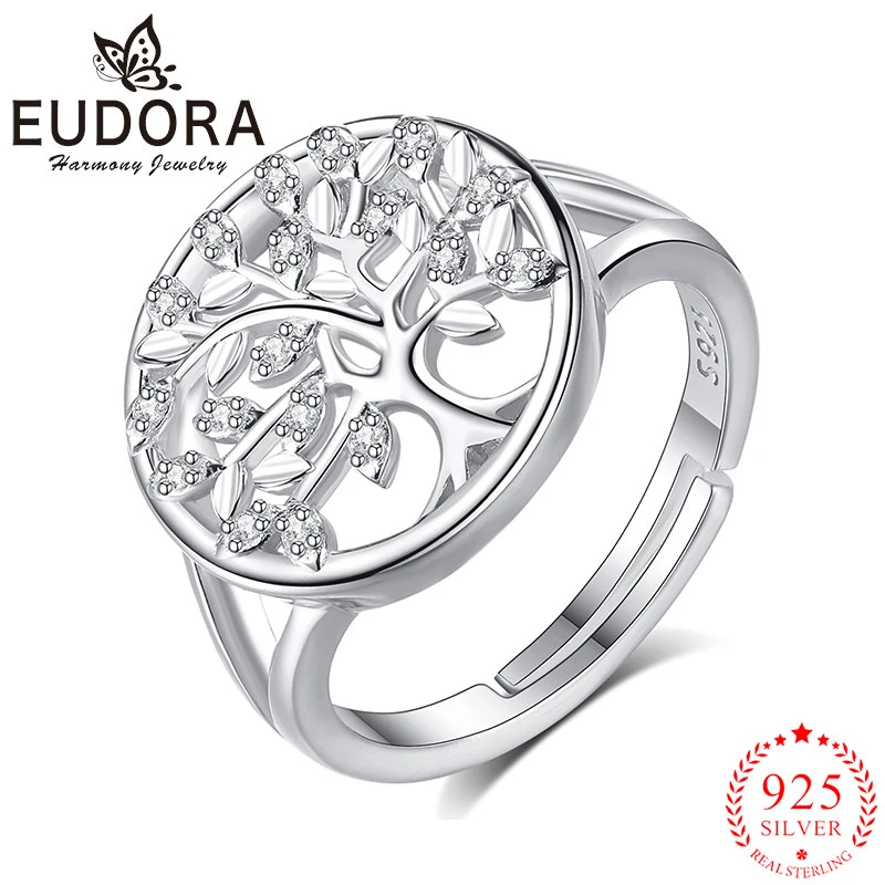 Eudora 925 Sterling Silver Tree Of Life Ring Zircon Opening Adjustable