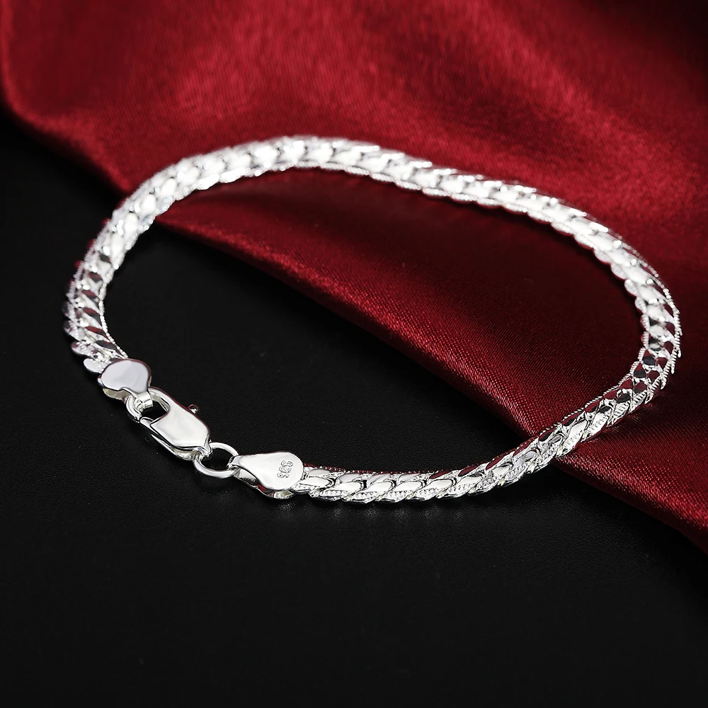

Hot 925 Sterling Silver Classic 5MM Flat Sideways Chain Men's Bracelets Wedding Party Wild Christmas Gift Fashion Jewelry