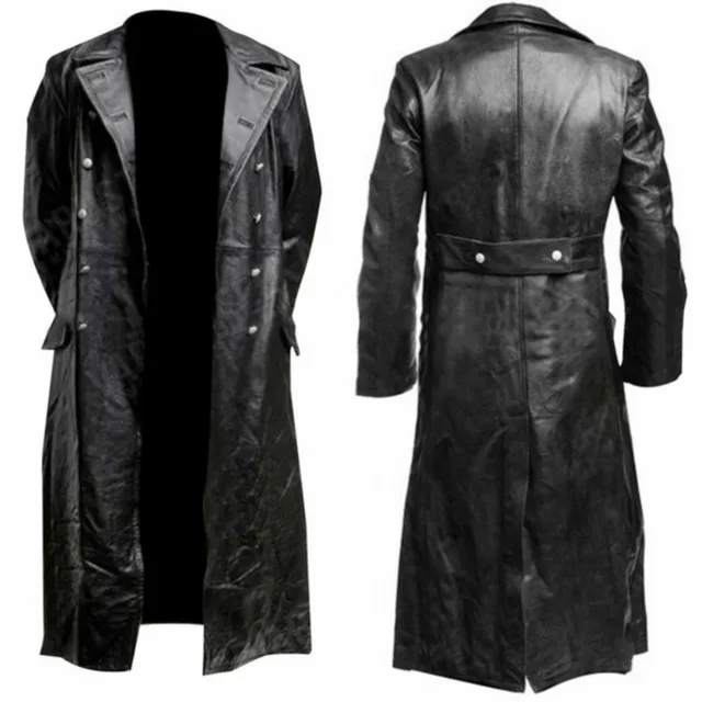 MEN'S GERMAN CLASSIC WW2 MILITARY UNIFORM OFFICER BLACK  LEATHER TRENCH COAT 6