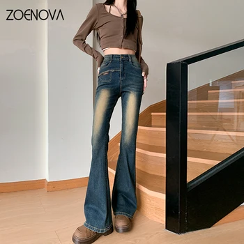 ZOENOVA 여성용 하이 웨이스트 플레어 팬츠, 슬림 청바지, 스트리트 캐주얼 패션, 멋진 소녀 레트로 데님 바지, Y2K, 용수철 가을 신상