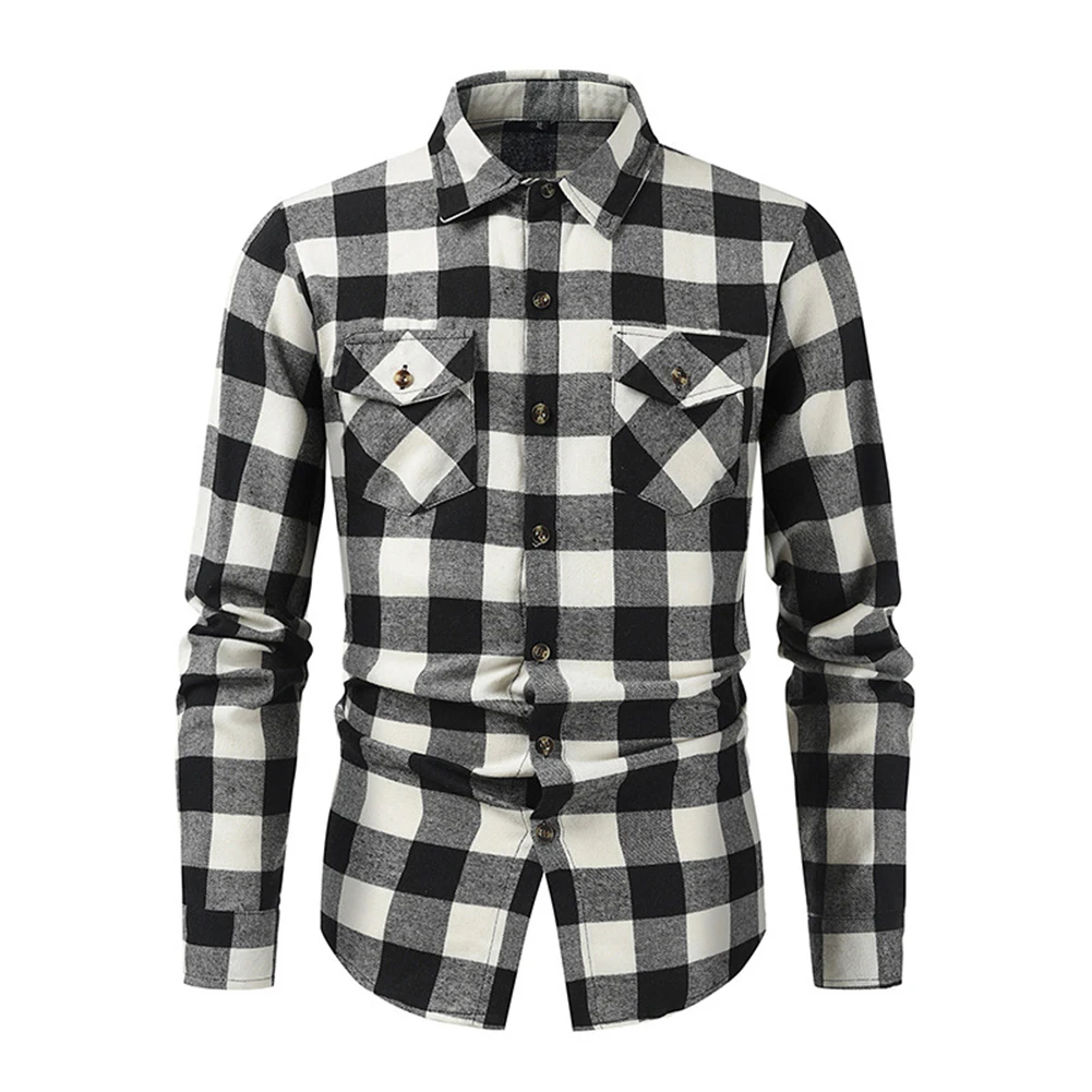 Male Mens Tops Spring Winter Lapel Outdoor Plaid Slim Sport Vintage Wear-resistant Buttons Classic Commuter Comfy