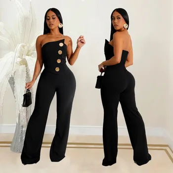 European and American fashion women's clothing sleeveless button-up jumpsuit trousers new