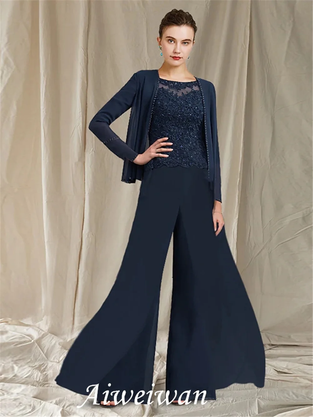 

Jumpsuit 3Piece Suit Mother of the Bride Dress Elegant Wrap Included Jewel Neck Floor Length Chiffon Lace with Beading Appliques