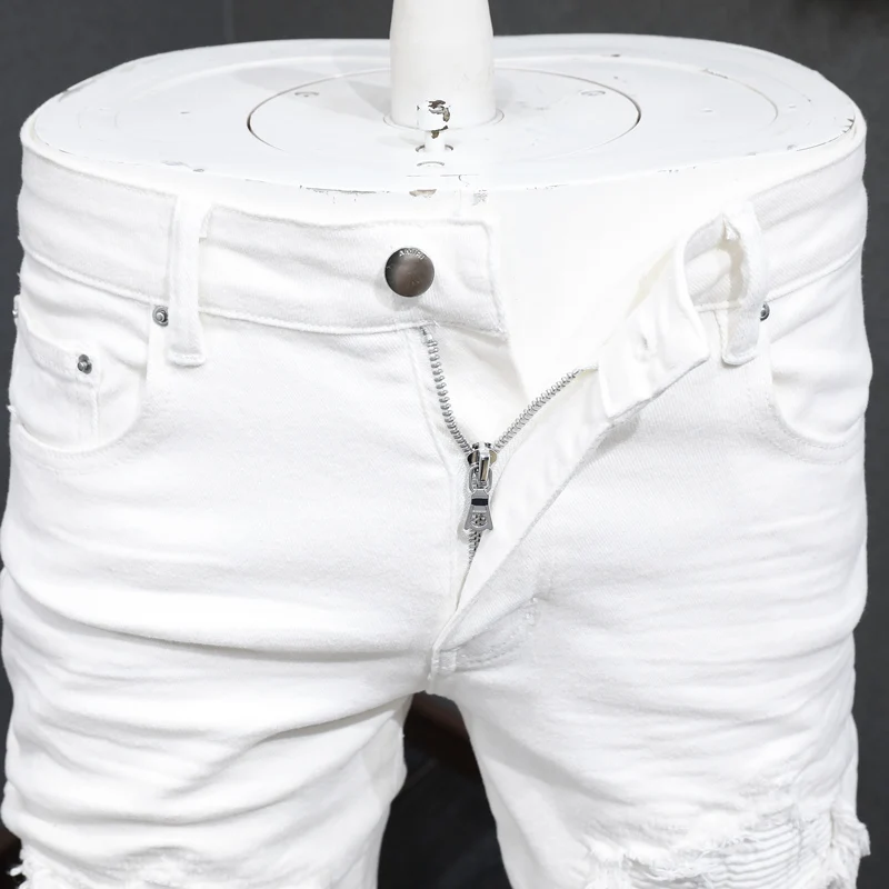 Street Fashion Men Jeans Skinny Punk Trousers White Elastic Stretch Ripped Jeans Men Patched Designer Hip Hop Brand Pants Hombre