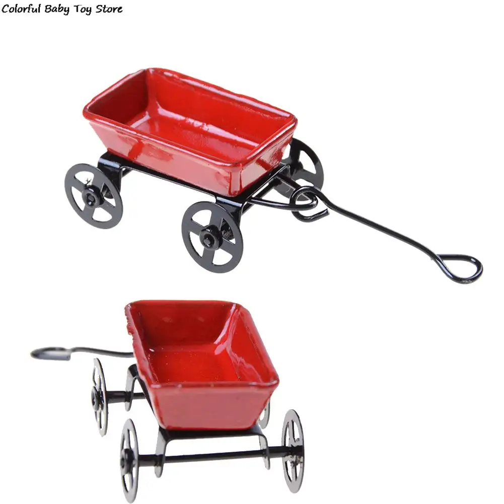 

1:12 Mini Cute Dollhouse Miniature Metal Red Small Pulling Cart Garden Furniture Accessorie Home Decor Gift Toy gifts Ornament