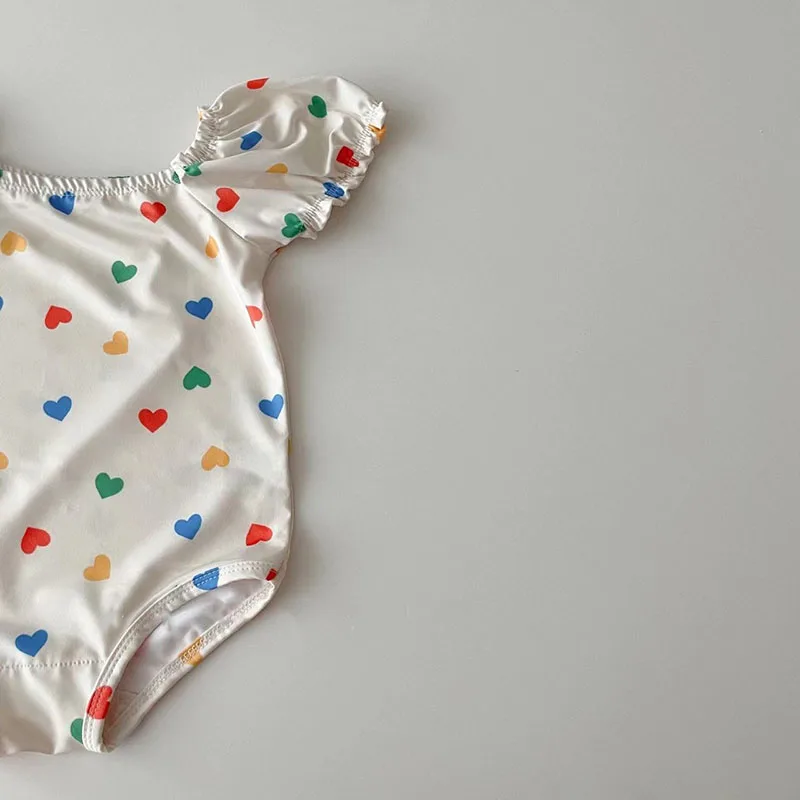 2pcs Summer Kids Baby Girl One Piece Heart Print Swimsuits