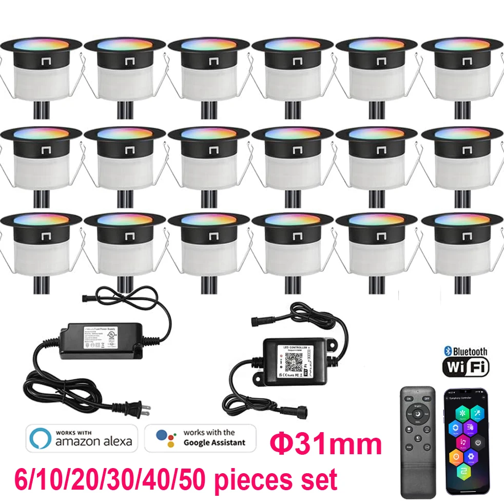 FVTLED LED Deck Lights garden decoration lamps led deck lights 12V RGBW WiFi/Bluetooth IP67 Waterproof Outdoor Yard Path Spotlights Voice Control With Alexa Google