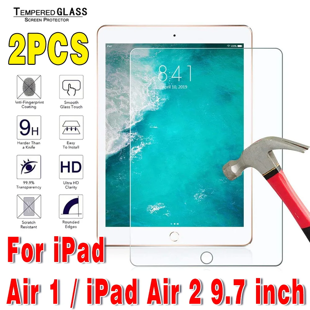 2Pcs Tablet Tempered Glass Screen Protector Cover for  IPad Air 1 A1474 A1475 A1476/Air 2 9.7 Inch A1566 A1567 Coverage Screen