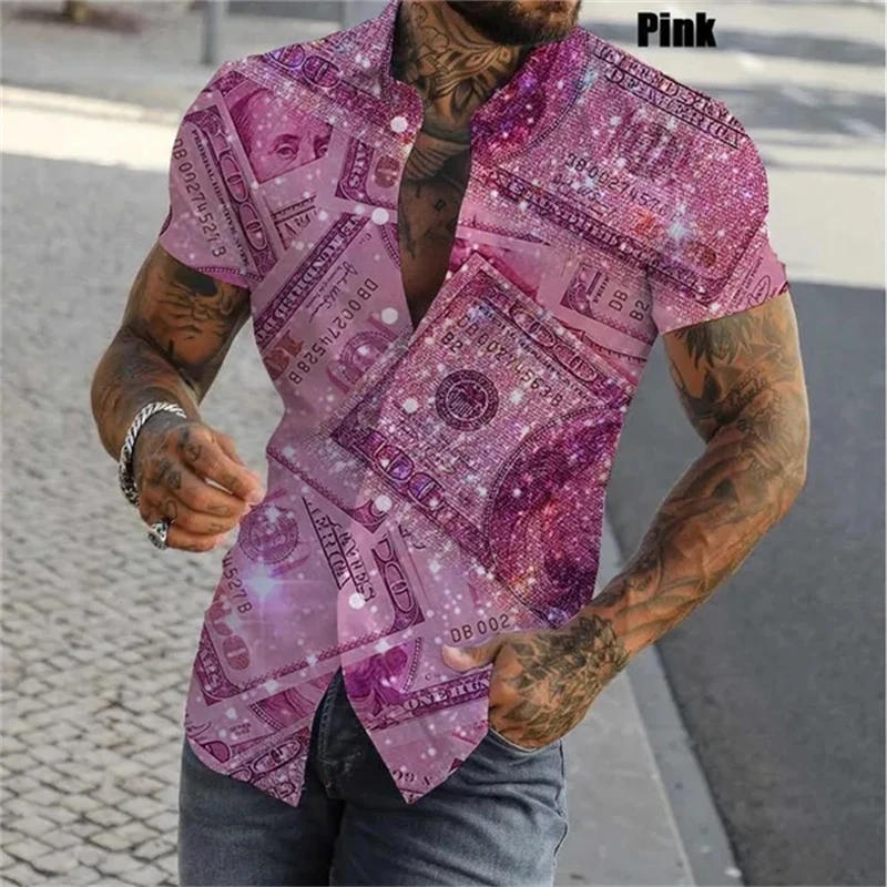 thumbnail image 1 of Camisas con estampado 3D de dólares para hombre, camisas casuales de verano de manga corta ajustadas con botones, blusas y tops para hombre, 1 of 5