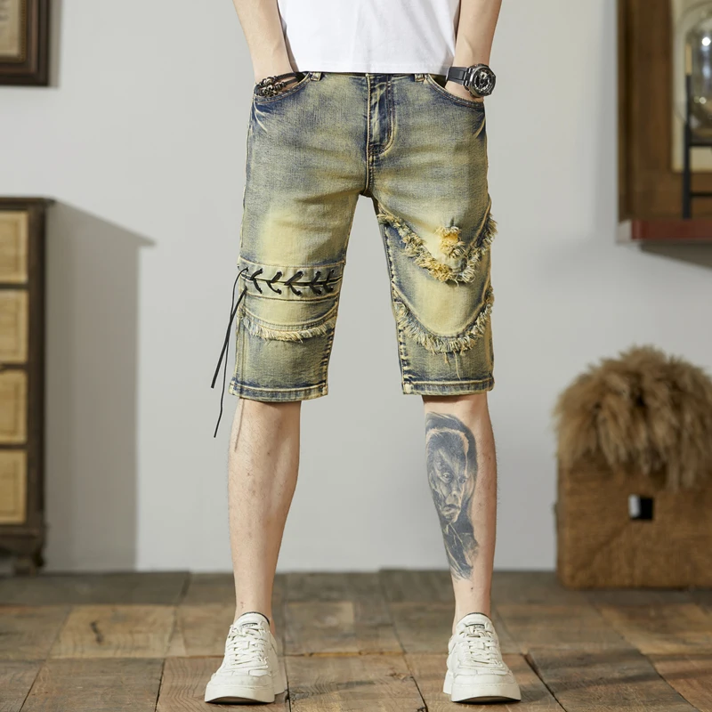 

Summer Personalized Ripped Denim Shorts Men's Stitching Rope Design Motorcycle Pants Slim Stretch Retro Distressed Shorts