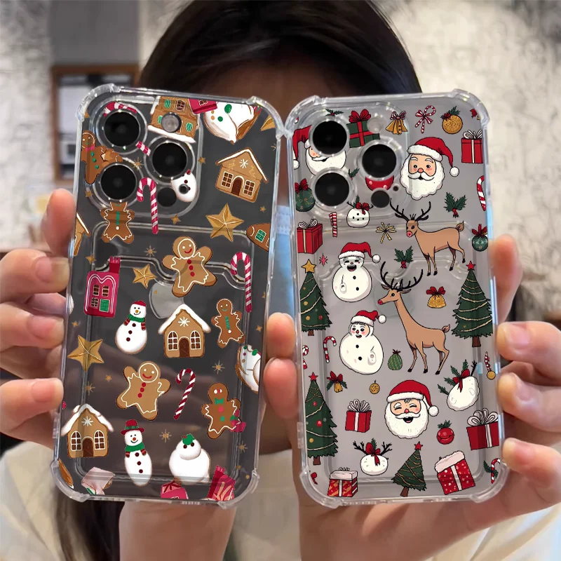 Festive Cartoon Santa Clear Phone Case with Wallet Card Holder