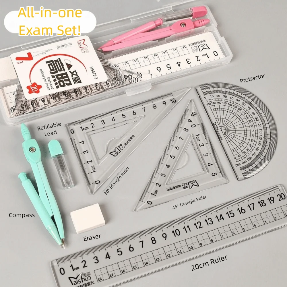 7종 플라스틱 자 세트, 컴퍼스 세트, 지우개, 직선자, 각도기, 정사각자, 투명 컴퍼스 및 자 세트, 학생용