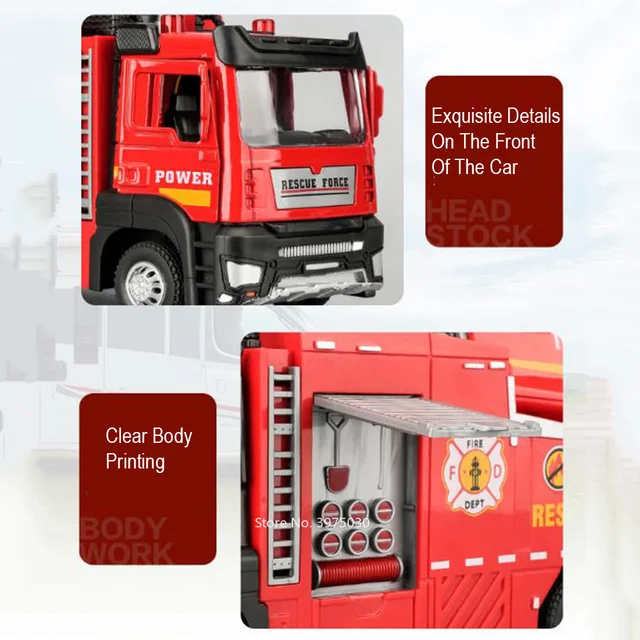 1/32 Spray Fire Engineering Truck Car Toy Model Alloy Diecast Doors Opened Sound Light Rubber Tires Vehicle Collection Kid Gift 3