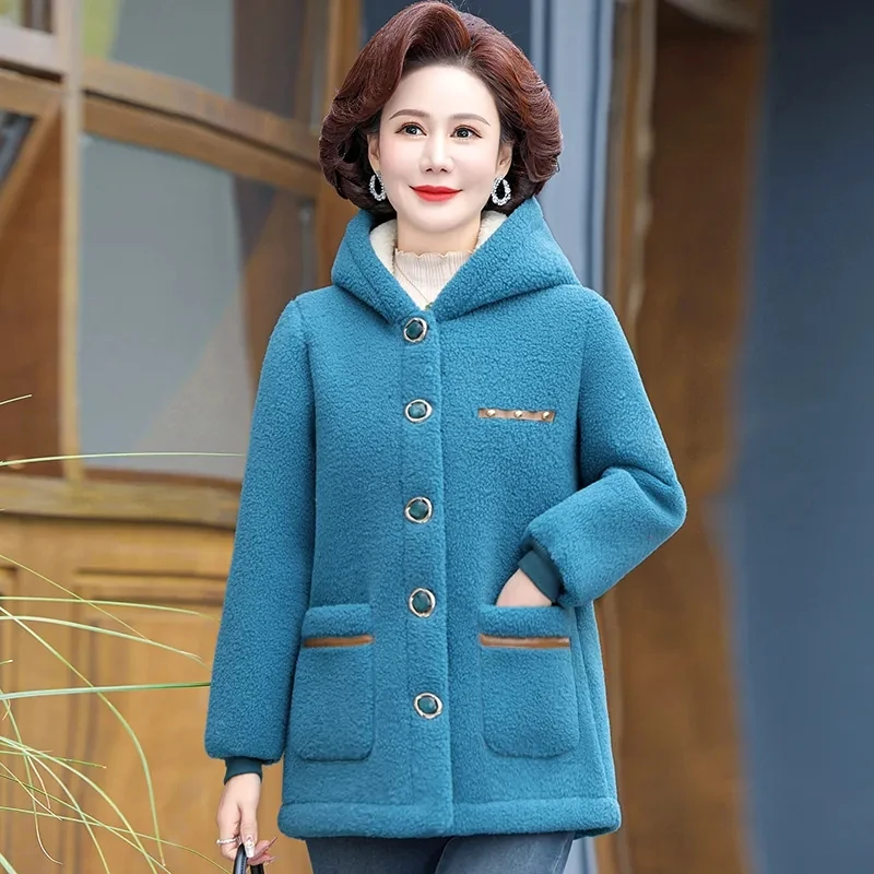 Mom Winter Lamb Cashmere Middle-aged And Elderly New Cotton-padded Clothes Fashion Loose Western-style Particle Coat Women 5XL.