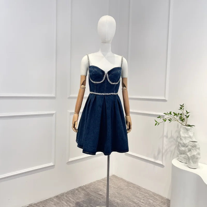 

Женское джинсовое платье без рукавов, голубое облегающее Хлопковое платье на тонких бретельках, до колена, лето 2023