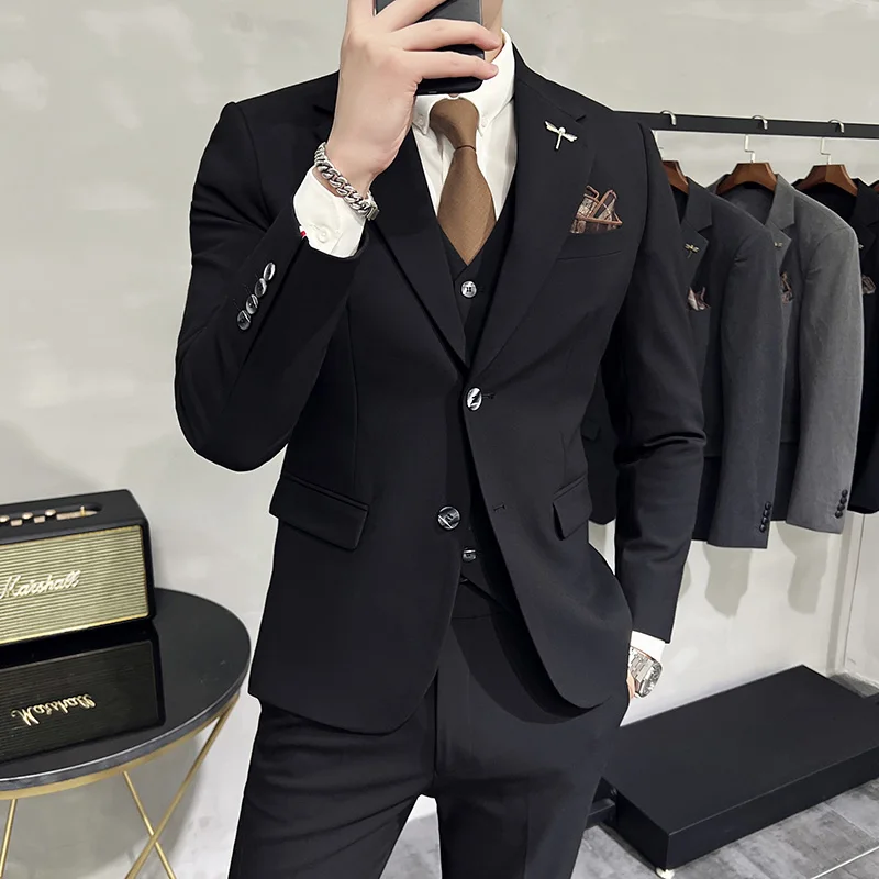Male Suits (Blazer+Vest+Pants) 2023 New Gray Black Blue Wedding Dress Men Blazer 3 Piece Set Fashion Business Formal Jacket Sets