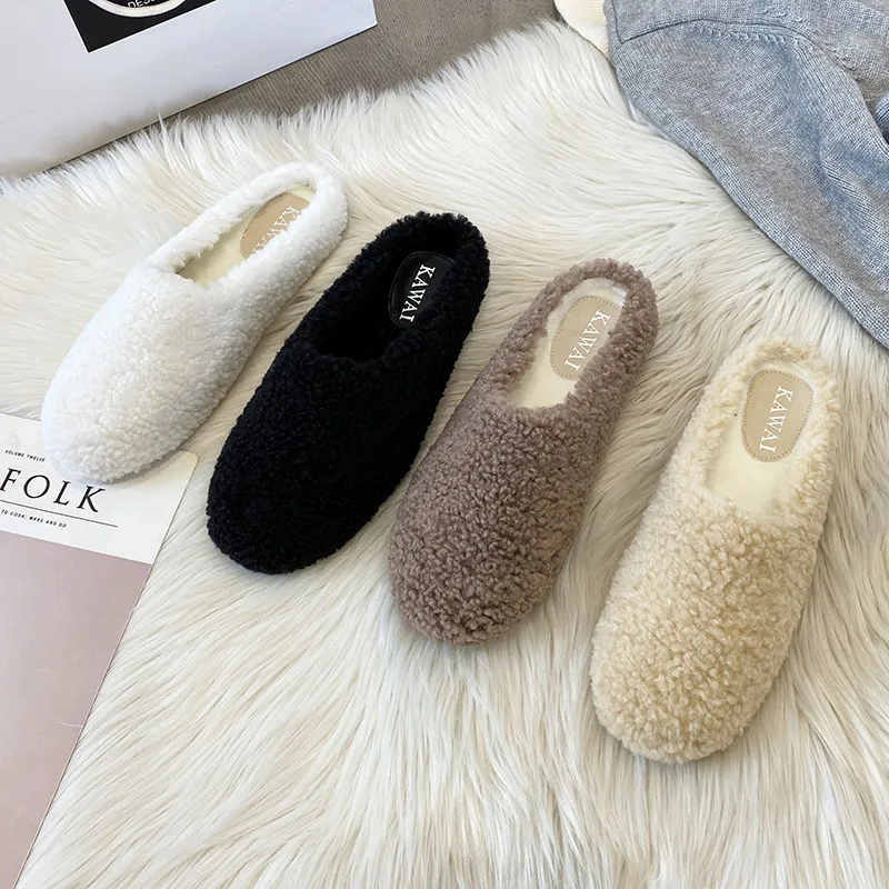 2023 Winter Wool Slippers Women Curly Sheep Fur Flat Shoes Warm Cozy Slip On Pantuflas House Slides Femme Cotton Lambswool Mules 3