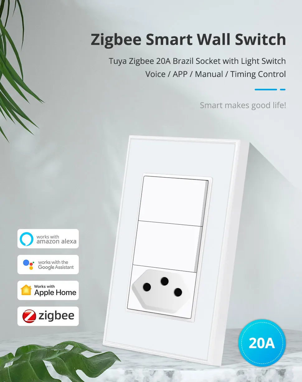 20A Zigbee Smart Brazil Socket with Two Push Light Switch Brazilian Wall Outlet