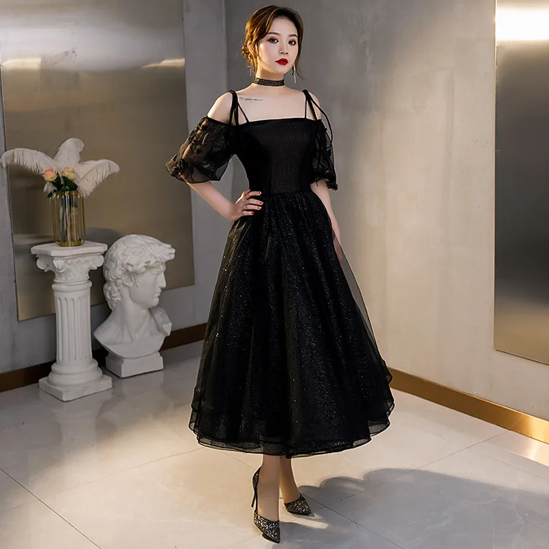 

LAMYA Black Tea Length Prom Dresses For Woman Simple Boat Neck Evening Party Dress With Sleeve Plus Size Vestidos De Fiesta