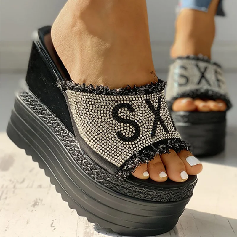 Crystals Wedges High Heels Slippers Leisure Summer Sandal Woman Shoes Women Platform Mules Slippers Slip on Outside Pantuflas