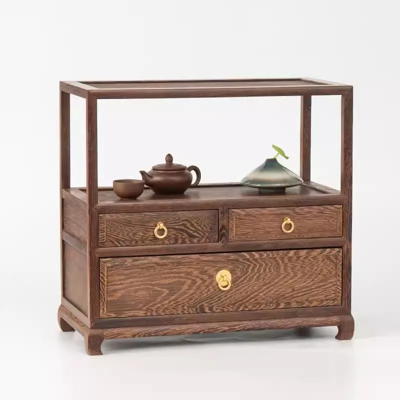 Chicken Wing Wood Tea Water Cabinet with Drawers, Antique Shelf, Display Shelf, Storage, Mortise and Tenon Teapot