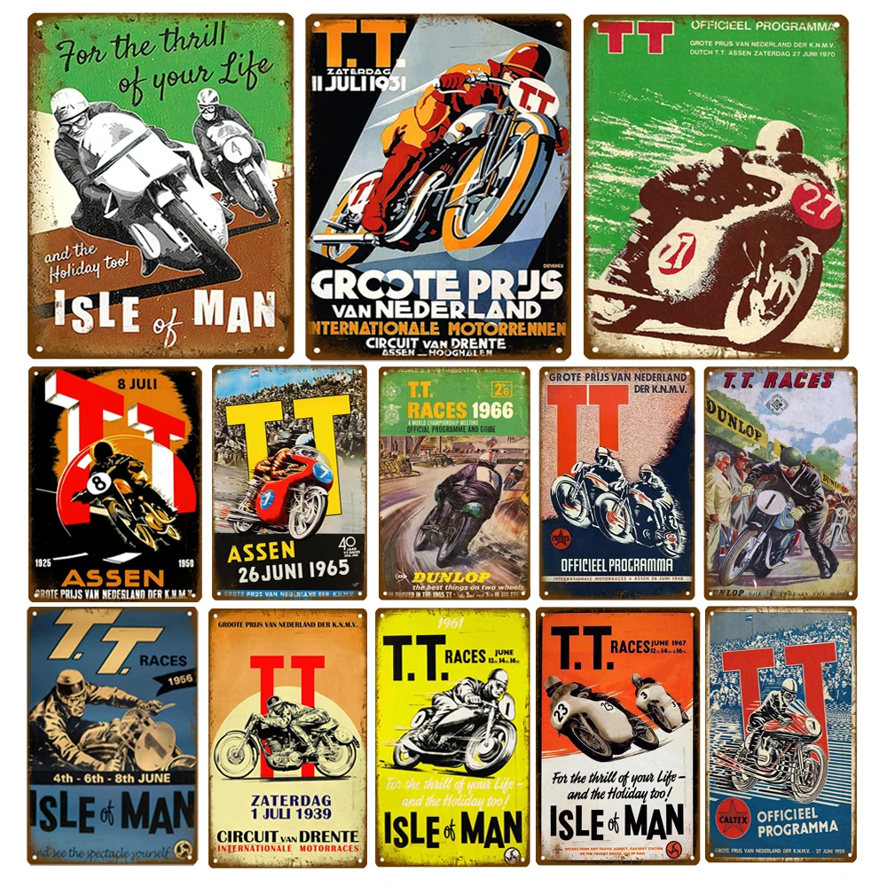 

T.T. Races Isle of Man Poster Vintage Racing Motor Competition Tin Sign Shabby Rust Metal Signs Wall Plate Painting Art Plaques