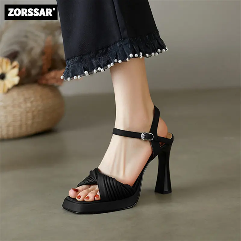 

Real leather Women Elegant High heel Sandals Shoes 2023 New Summer Pumps Platform Sandal Roman Stiletto heels Peep Toe Sandals