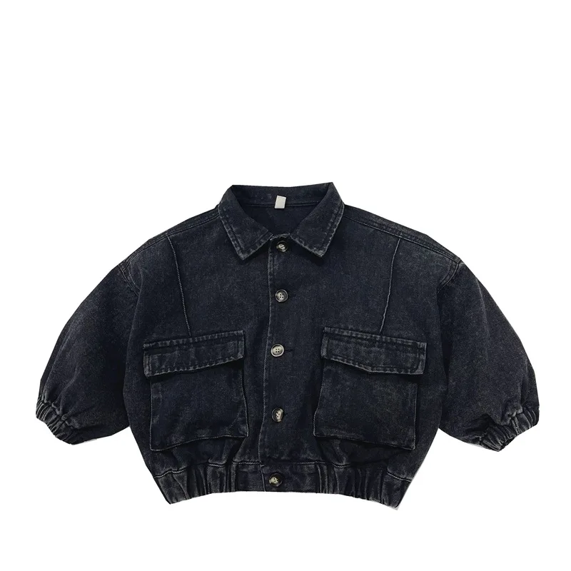 Childrens Boys Denim Jacket Autumn New Korean Solid Color Toddler Boys Cardigan Jacket Retro Pocket Kids Baby