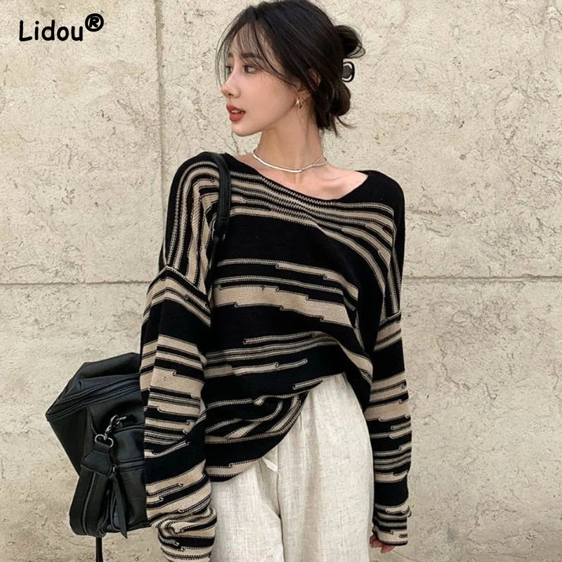 

Round Neck Office Lady Striped Loose Autumn Winter Thin Street Casual Trend Pullovers Fashion Comfortable Women's Clothing 2022