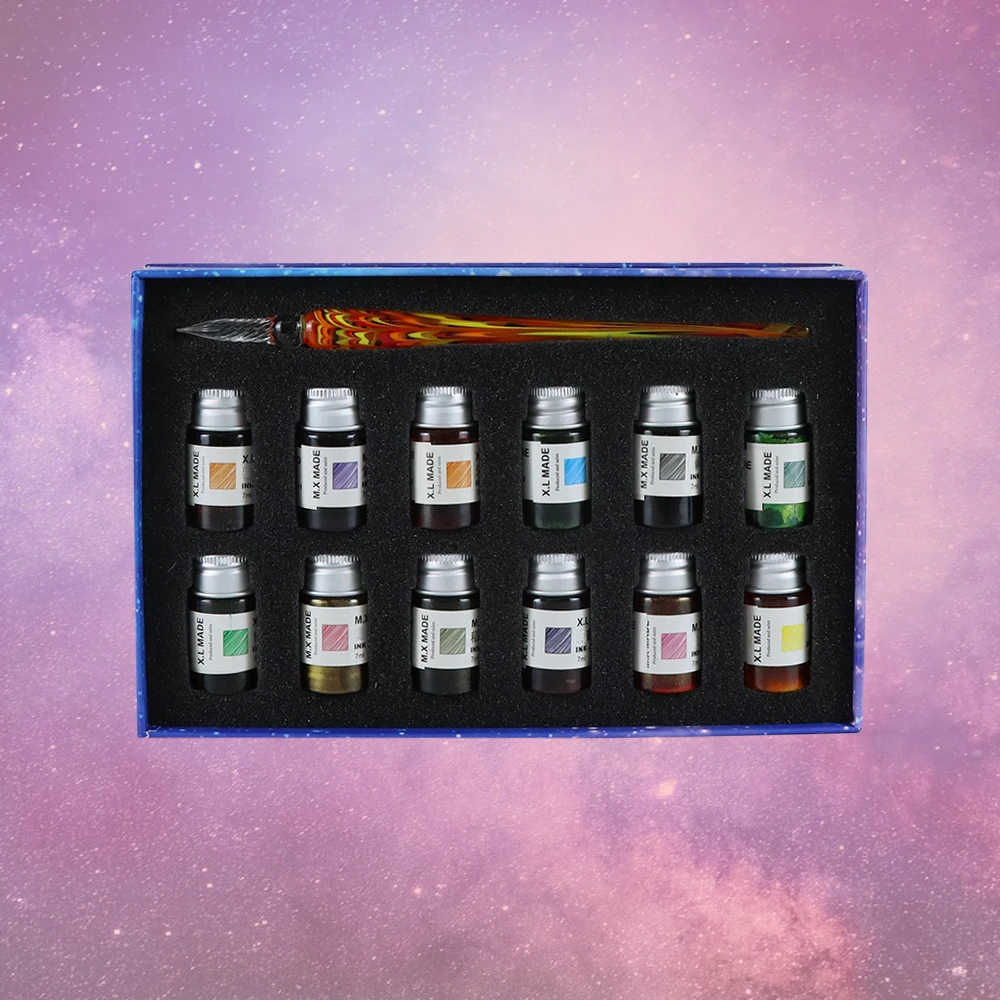 Vintage Yıldızlı Kristal Cam divit kalem 12 Renk Mürekkep Seti Cam divit kalem Sanat Yazma Boyama İmza Dekorasyon Hediye